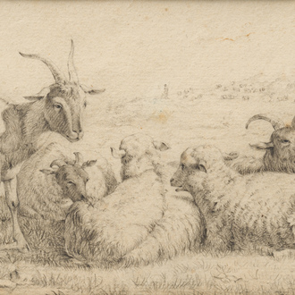 Belgian school, monogrammed (possibly H.L. for Henri Leys, 1815-1869): Sheep and goats in a landscape, pencil on paper, dated (18)44
