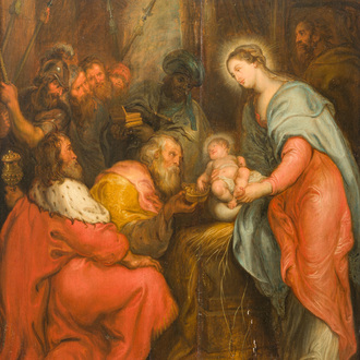 Flemish school, follower of Peter Paul Rubens (1577-1640): The adoration of the kings, oil on panel, 17th C.