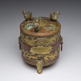 A Chinese parcel-gilt copper tripod 'zun' archaic vessel, probably 17th/18th C.
