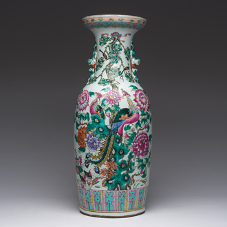 A Chinese famille rose vase with phoenixes and pheasants among blossoming branches, 19th C.