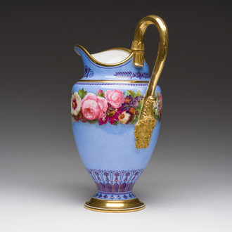 A Louis Philippe Sèvres porcelain ewer with floral design on a blue ground, blue star mark, dated 1832