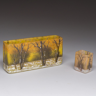 Two French acid-etched multi-layered rectangular 'winter landscape' vases, marked Daum Nancy, ca. 1900