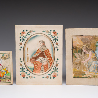 Twee geborduurde miniaturen en een handingekleurde miniatuur gravure, 17de/18de eeuw