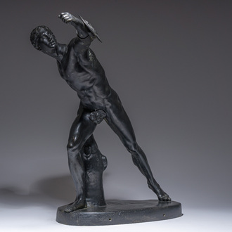 An Italian 'Grand Tour' sculpture of the 'Borghese Gladiator' after Agasias, black patinated bronze, late 19th C.