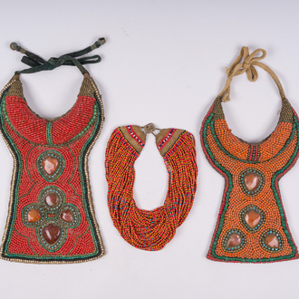 Two pectoral colliers and one necklace with glass pearls and cabochons, Tibet or Northern India, 19th C.