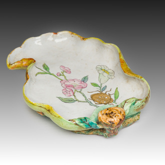 A Chinese famille rose leaf-shaped brush washer, Qianlong mark, 20th C