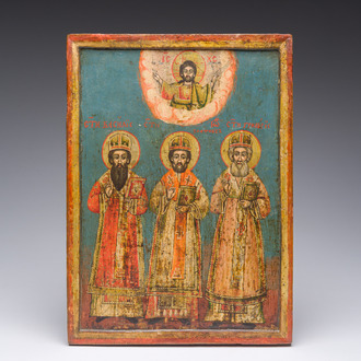 Een dubbelzijdige Russisch-orthodoxe icoon, 'Drie Heilige Hiërarchen' en 'Het verraad van Judas', 19de eeuw