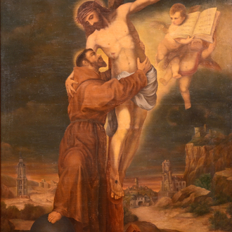European school, follower of Bartolomé Esteban Murillo (1618-1682): The descent of Christ from the cross by Saint Francis, oil on canvas, 19th/20th C.