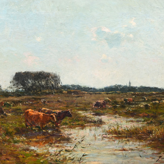Franz Courtens (1854-1943): Marshy landscape with cows, oil on canvas