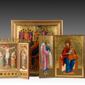 A Gothic Revival parcel-gilt Crucifixion triptych and two gilt-ground icons, 20th C.