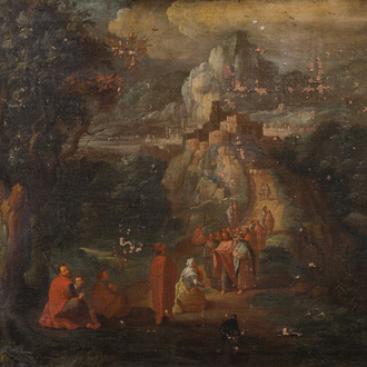 Prague School: Christ and the woman taken in adultery, oil on canvas, 17th C.