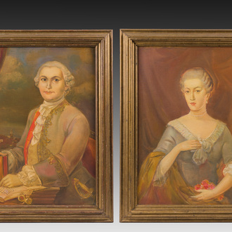 Belgian school: Double portrait of Pieter-Philips van Hille and Marie-Caroline Cadock, oil on canvas, dated 1785, 20th C.