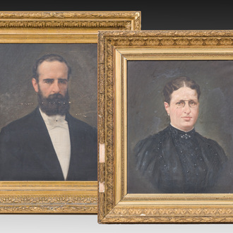 Belgian school, illegibly signed: Portrait of a gentleman and lady, oil on canvas, 19th/20th C.