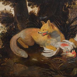 European school, follower of Frans Snijders (1579-1657): A fox defends prey from wild cats, oil on canvas, early 18th C.