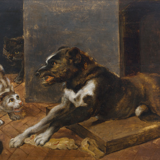 Flemish school, circle of Paul de Vos (1595-1678): Dog and cats fighting for the prey, oil on panel, 17th C.