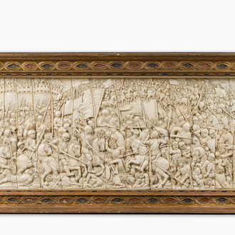 A museal and impressive carved ivory relief depicting a battle from the Hundred Years' War, probably Dieppe, 19th C.