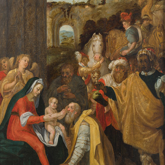 Prague school: The adoration of the magi, oil on panel, 17th C.