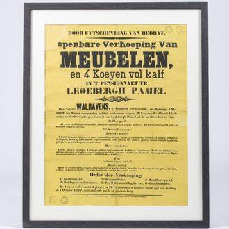 Een affiche voor een openbare verkoop van huisraad, meubilair en runderen in het pensionaat van Ledeberg-Pamel nabij Roosdaal, 1869