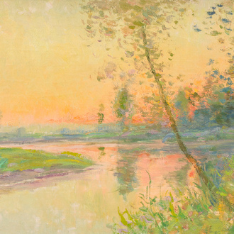 Edmond Verstraeten (1870-1956): River landscape with a setting summer sun, oil on canvas