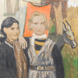 Hubert Malfait (1898-1971): Two caravan dwellers and a donkey in a landscape, oil on canvas