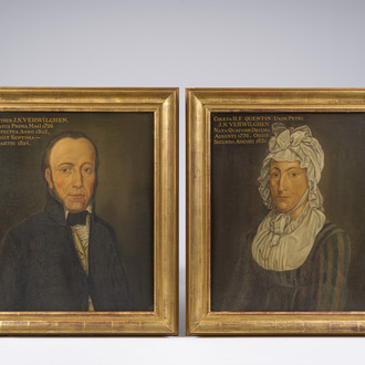 Belgian school: Double portrait of Petrus Jacobus Nicolaes Verwilghen and Coleta Francisca Antonia Quentin, oil on panel, 19th C.