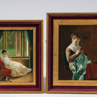 Louis Lampe (1840-?): The seamstress & The knitter, oil on panel