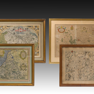 Four hand coloured engraved maps of Belgium, 16th/18th C.