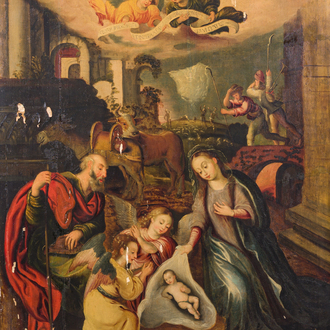 Flemish school, follower of Maerten de Vos (1532-1603): Adoration of the shepherds, oil on panel, 17th C.