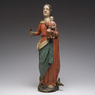 A Flemish polychromed wooden sculpture of The Madonna with Child, 18th C.