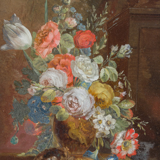 European school: Flower still life with a bird's nest, reverse glass painting, mid 19th C.