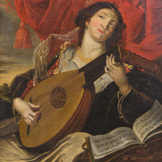 Flemish school, follower of Abraham Janssens (1575-1632): Allegory of hearing (Young woman playing the lute), oil on canvas, ca. 1700