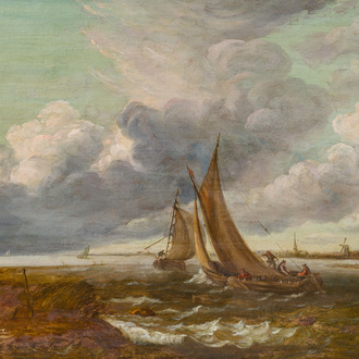 Dutch school, in the manner of Ludolf Bakhuizen (1630-1708): Fishermen busy at work, oil on panel, 17th C.