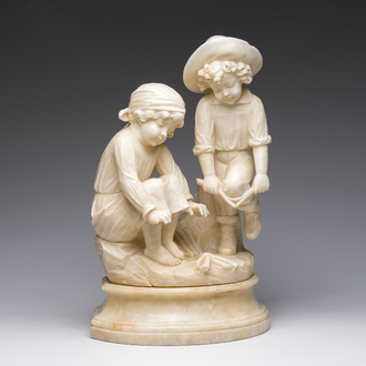 Italian school, attributed to Adolfo Cipriani (1857-1941): Two children warming themselves by the fire, alabaster, 20th C.