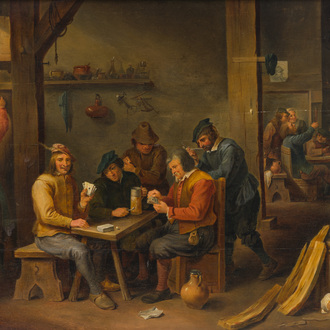 Flemish school, follower of David Teniers (1610-1690): Fun in the inn, oil on panel, 19th C.