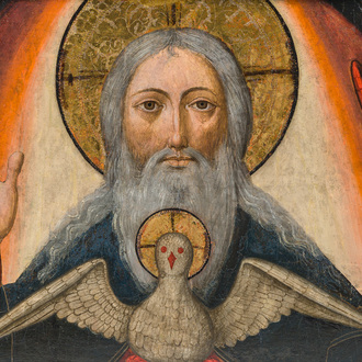 Spanish school, circle of Pedro García de Benavarre (15th C.): God the Father and the Holy Spirit surrounded by angels, oil on panel, ca. 1500