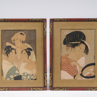 Kitagawa Utamaro (1753 - 1806, naar): Twee ukiyo-e houtsnedes in gelakte en vergulde houten lijsten