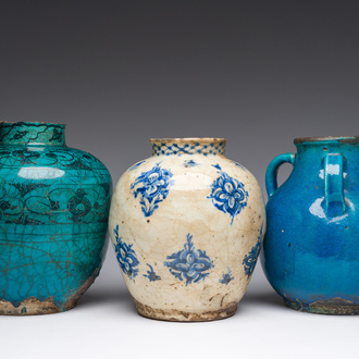 Three blue, white and turquoise Persian Qajar jars, 19th C.