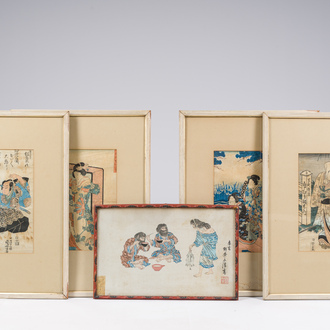 Japanse school: Vijf Ukiyo-e houtsnedes, Edo/Meiji, 19de eeuw
