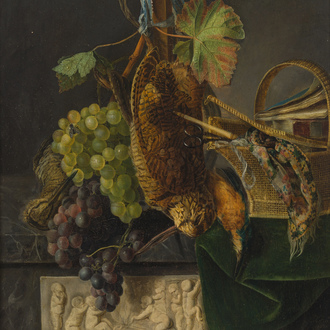 Adèle Evrard (1792-1889): Hunting still life with grapes and poultry, oil on panel, dated 1820