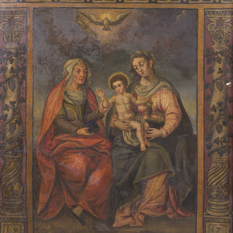 Flemish school: 'Holy Kinship' and 'Adoration of the Virgin by the donors', oil on canvas, dated 1617