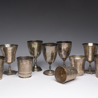 Ten Ottoman floral engraved silver cups with tughra and sah marks, mainly 19th C. (pre-1923)