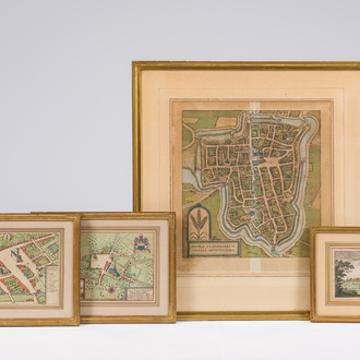 Drie handingekleurde kaarten van Ieper, Roeselare, Lichtervelde en een zicht op Veurne, 16de/17de eeuw