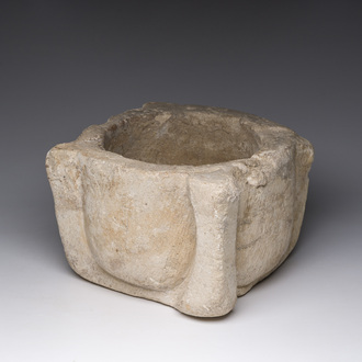 An early carved Balegem stone mortar, probably Flanders, 13th/15th C.