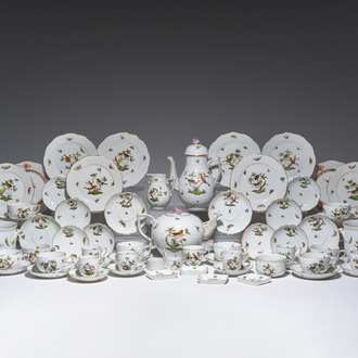 A large Hungarian Herend gilt and polychrome decorated porcelain 'birds and butterflies' coffee and tea set, 20th C.