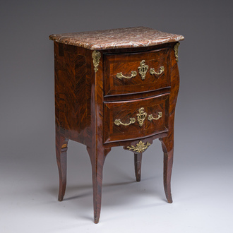 Jean-Pierre Latz (1691-1754): A small Louis XV marquetry commode with gilt bronze mounts and red marble top