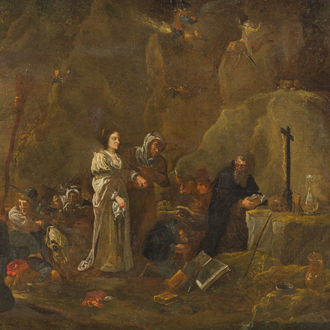 Ecole flamande, suiveur de David Teniers (1610-1690): La tentation de Saint Antoine, huile sur toile, ca. 1700