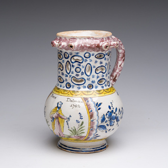 A polychrome French faience puzzle jug with Saint Peter, dated 1762, France, 19th C.
