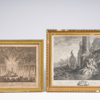 Two large French engravings in gilt wooden frames, 18th C.