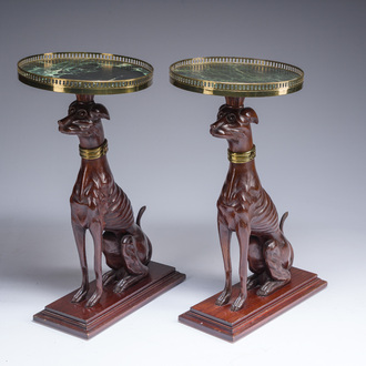 A pair of Italian faux marble-topped carved wooden whippet side table, early 20th C.
