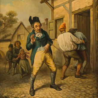 Belgian school, follower of Jean-Baptiste Madou (1796-1877): The drunken policeman, oil on panel, 19th C.